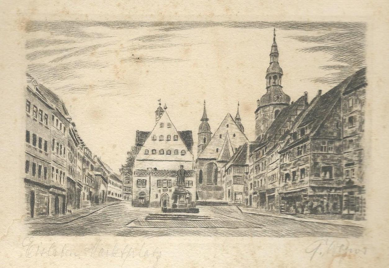 Drawing of the marketplace in Eisleben done by Andreas Weinmann for his fiancee Bertha Boettcher
