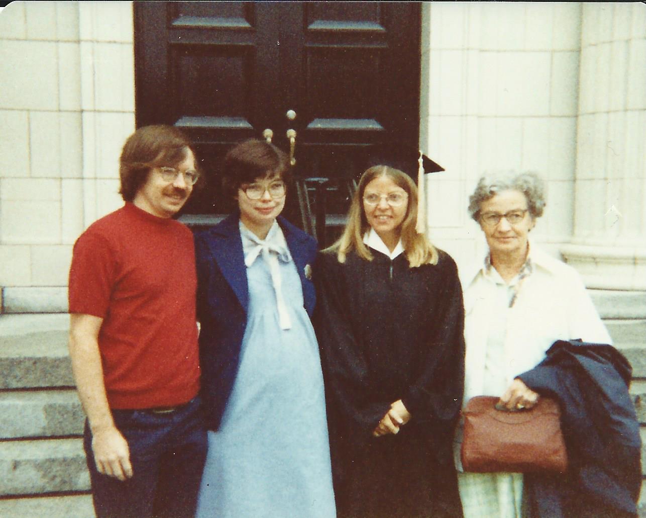 Bill and Marilyn with 
              Bill's sister Pat and mother Lilian at Pat's graduation 
              from nursing school at Eastern Michigan University, August 1980