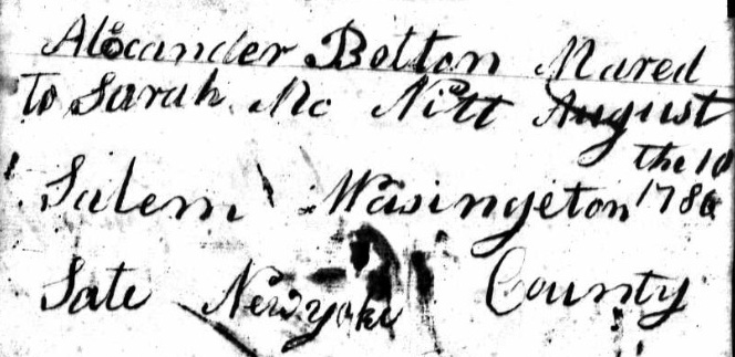 Information about the marraige of Alexander Bolton and Sarah McNitt Bolton