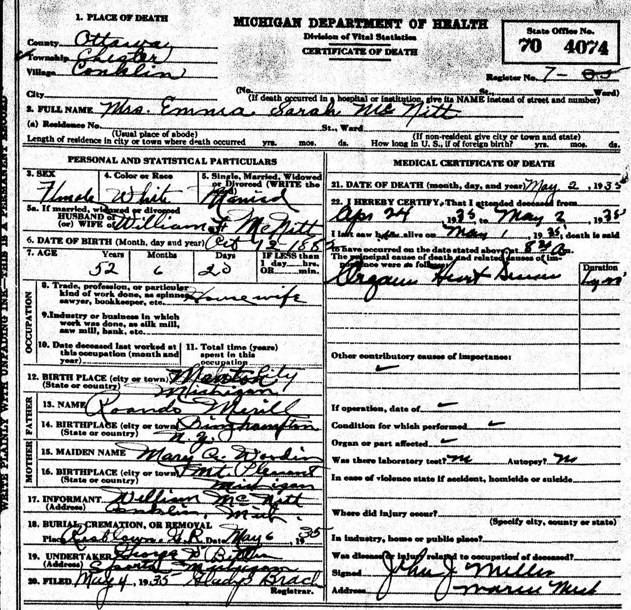 Emma McNitt's death certificate